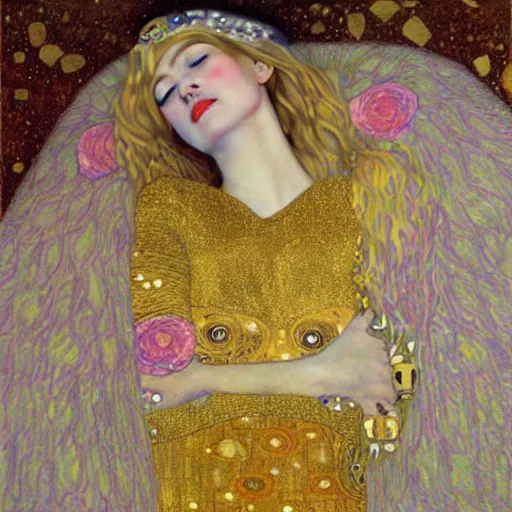 Image similar to a soft and breathtaking detailed painting of a full body sleeping blonde princess in the style of gustav klimt, blonde hair, shiny gold, elegant, highly detailed, artstation, fluo colors, concept art, matte, sharp focus, art by gustav klimt