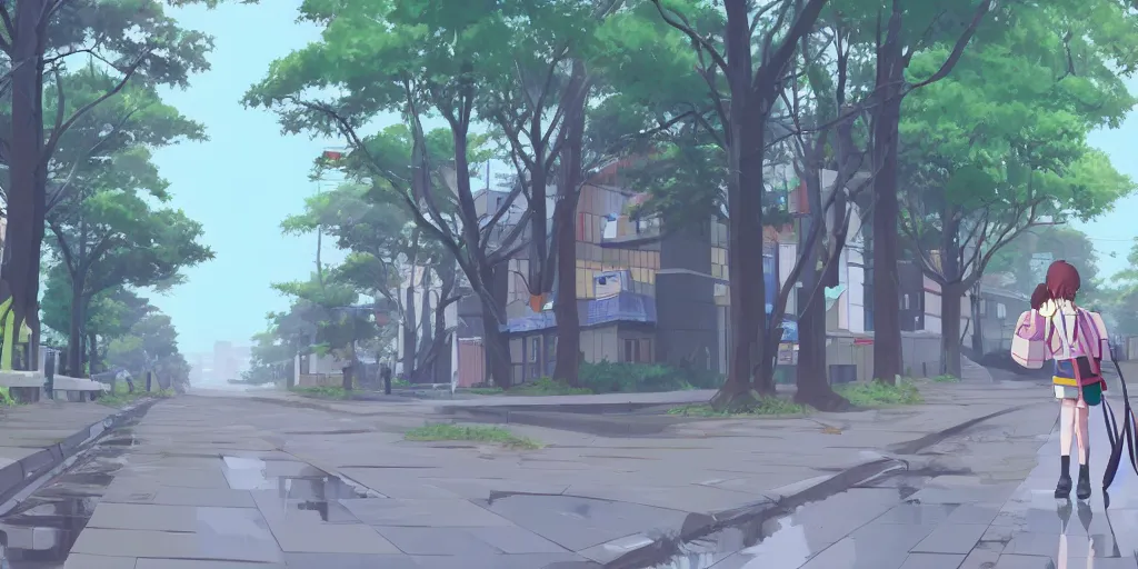 Prompt: schoolgirl with backpack walking home from school in a japanese suburb with high redwood trees. puddles after the rain. neo - georgian city blocks and stone brick retaining walls near the sidewalk. anime studio ghibli screenshot trending on artstation.