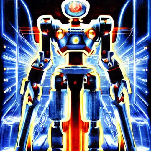 Image similar to mecha robot, symmetrical, movie poster art by drew struzan,