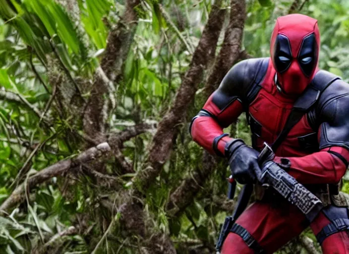 Prompt: film still of deadpool fighting in the jungles during the vietnam war in the new deadpool movie, 4 k