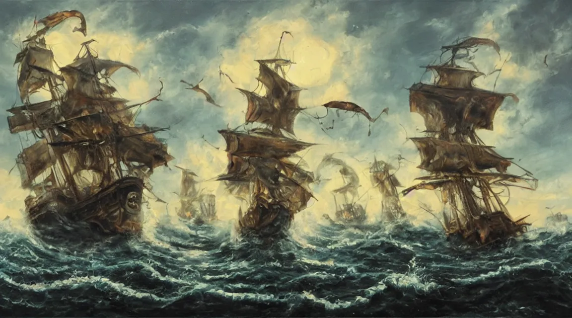 Image similar to oil painting of a pirate ship being attacked by a kraken