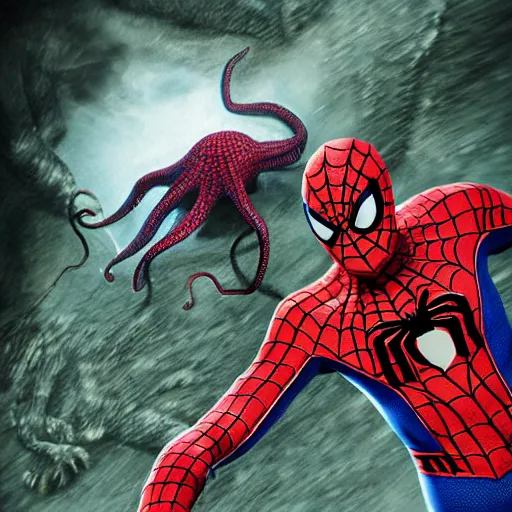 Image similar to octopus attacking and suffocating spiderman, photorealistic