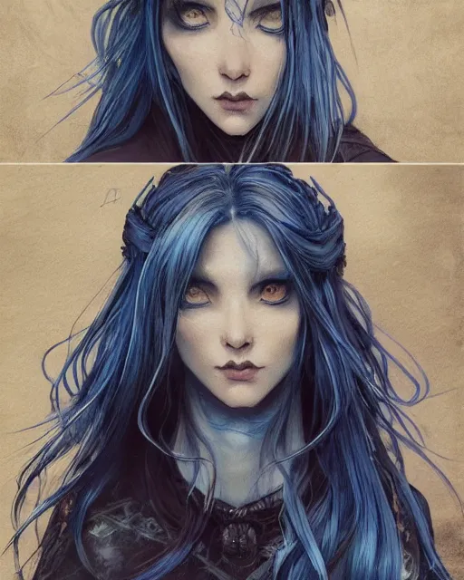 Image similar to portrait of a ranni the witch from elden ring, blue hair, elegant, beautiful, mesmerizing, concept art, highly detailed, artstation, behance, deviantart, trending, ayami kojima, shinichi sakamoto, kaoru mori