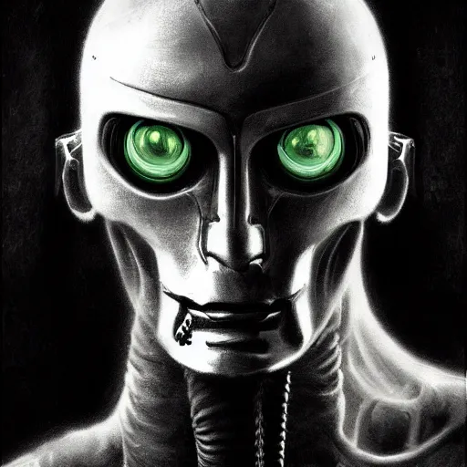 Prompt: Concept Digital Art Highly detailed Art Robot portrait with chrome and silver padding by Frank Frazetta, mysterious background and dark fog, mysterious gaze, humanoid portrait