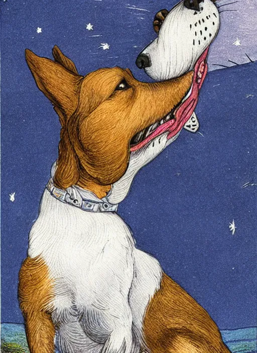 Image similar to portrait of jack russel dog looking up and howling with mouth open sad, night sky, highly detailed, side view, illustrated by peggy fortnum and beatrix potter and sir john tenniel