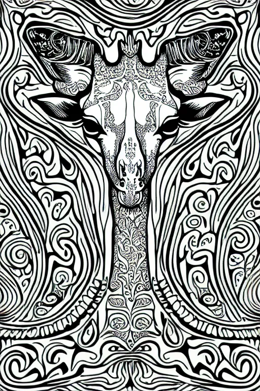 Image similar to giraffe ornate luxury fractal ink drawing line art colouring page, vector, margins, fine lines, centered