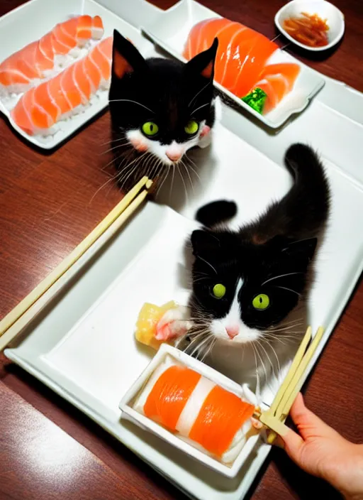 Image similar to clear photograph of cute cats stealing sushi from sushi plates