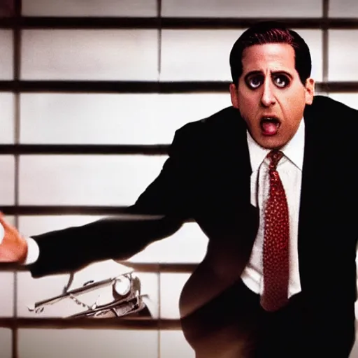 Prompt: michael scott from the office as the american psycho, sweating intensely, cinematic still