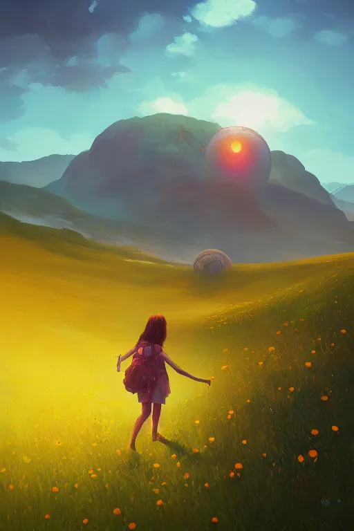 Image similar to giant daisy flower head, girl walking in the mountains, surreal photography, sunrise, dramatic light, impressionist painting, colorful clouds, digital painting, artstation, simon stalenhag