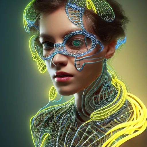 Prompt: woman integrating with technology, full face, insipiring, detailed intricate ornate cables connected to head, big open electric eyes, luxurious detailed abundent wiring and implants, diamonds, sci-fi, neon, emeralds, detailed technology full background, highly detailed, artstation, Rene Lalique and Eddie Mendoza