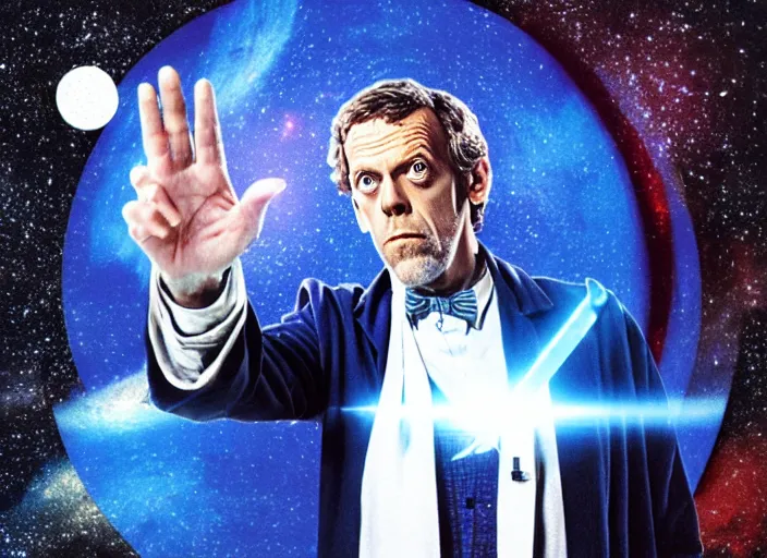 Image similar to product photo still of vhs cover of hugh laurie as doctor who in front of a nebula through the open door of the tardis printed on a vhs box on a table