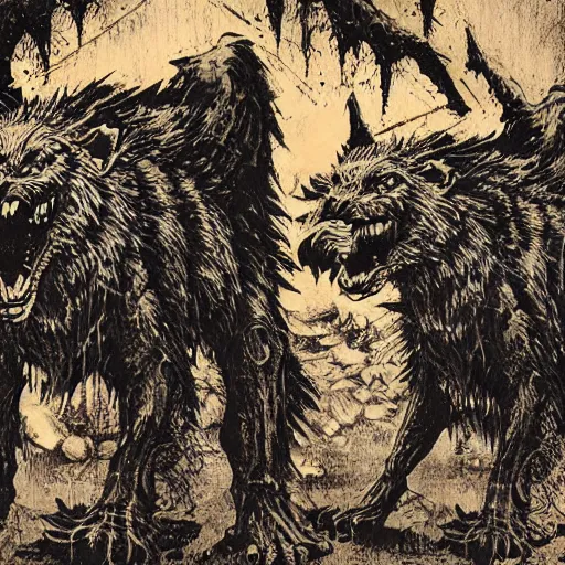 Image similar to blue woodcut print cartoon, gnoll by greg rutkowski, fine details, highly detailed