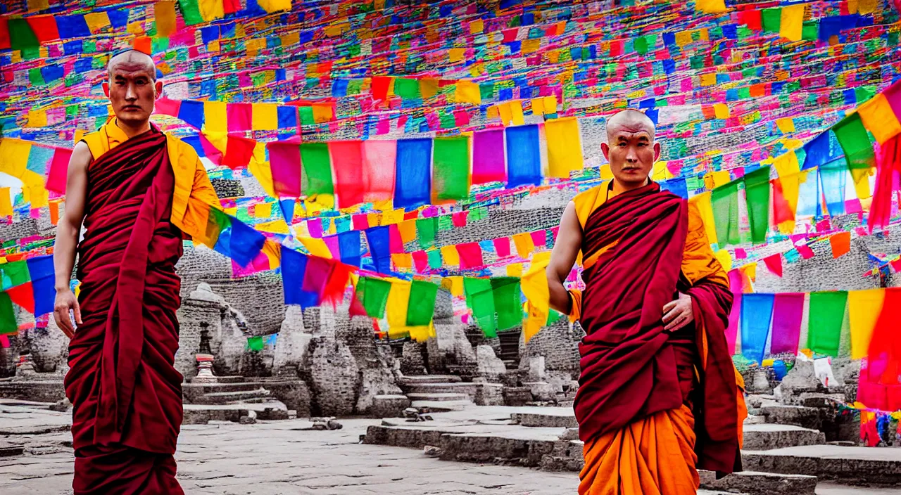 Prompt: fashion portrait of buddhist monk, nepal, prayer flags, buddhist monastery, buddhist temple, vibrant colors, fashion editorial, photography, very beautiful, highly detailed, intricate
