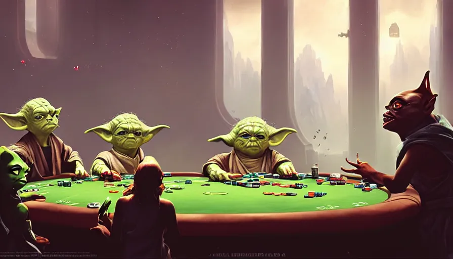 Image similar to Yoda playing poker with twi'leks at coruscant, rave, medium shot, details, sharp focus, illustration, by Jordan Grimmer and greg rutkowski, Trending artstation, pixiv, digital Art