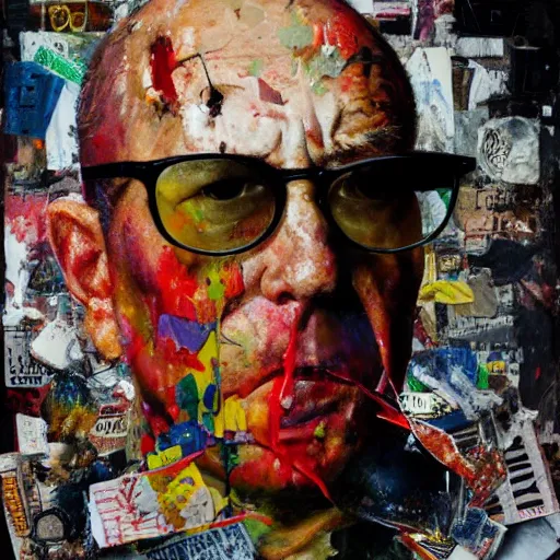 Prompt: hyperrealistic, photorealistic, mixed media oil painting of dr gonzo hunter s thompson, magazine scraps, plaster, blood, oil, mustard, cigarettes, splatter, trending on artstation, award - winning painting, greg rutkowski, basquiat, ralph steadman, terry gilliam