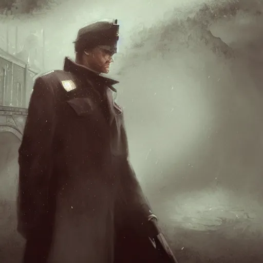 Image similar to climatechangepunk soviet policeman, fog, darkness, evil, magic the gathering artwork, D&D, fantasy, cinematic lighting, centered, symmetrical, highly detailed, digital painting, artstation, concept art, smooth, sharp focus, illustration, volumetric lighting, epic Composition, 8k, art by Akihiko Yoshida and Greg Rutkowski and Craig Mullins, oil painting, cgsociety