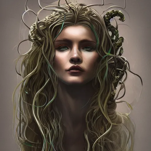 Image similar to high detail concept art, portrait of medusa, dark fantasy, backlight, atmospheric, cold colors, trending on artstation