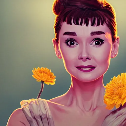 Image similar to portrait of audrey hepburn smiling with flowers in hands. sharp focus, cinematic pose, cinematic lighting, unreal engine render. art by josan gonzales and moebius and deathburger.