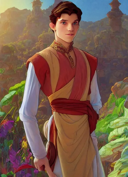 Image similar to skinny young tom holland as prince ali ababwa, cinematic lighting, path traced, highly detailed, high quality, beautiful digital painting, by don bluth and ross tran and studio ghibli and alphonse mucha, artgerm