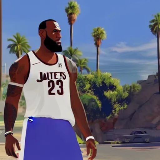 Image similar to Lebron James in GTA V . Los Santos in background, palm trees. in the art style of Stephen Bliss