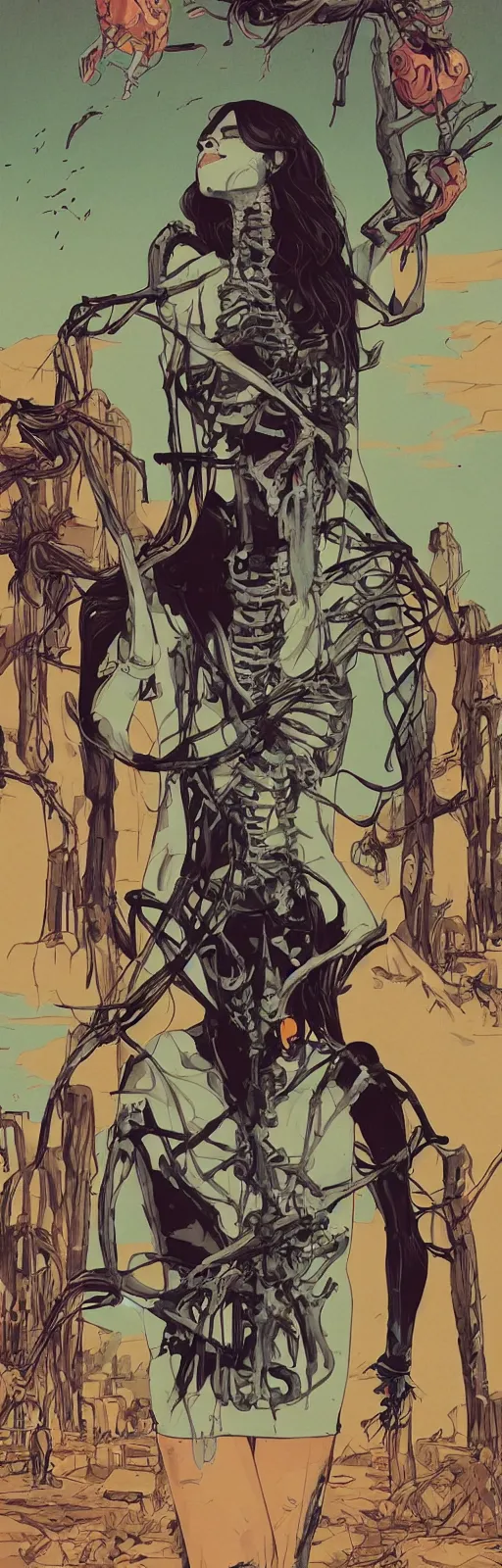 Image similar to a colorfully detailed comic noir style illustration of a beautiful woman wearing a skeleton suit in a post-apocalyptic desert by queens of the stone age and sachin teng, dark vibes, street art, cinematic, high contrast, depth of field