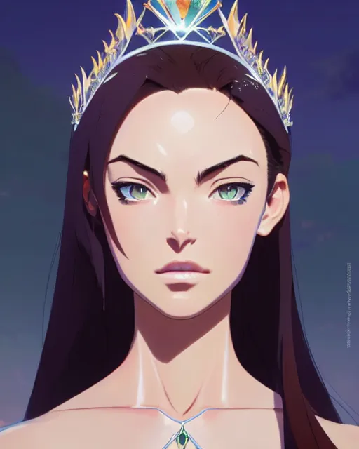 Image similar to azctec princess, megan fox, gemstone forehead, detailed perfect face, exquisite details, fire magic, mid view, design on a white background, by studio muti, greg rutkowski makoto shinkai takashi takeuchi studio ghibli