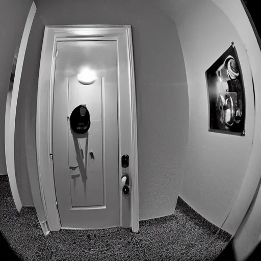 Image similar to walter white from the perspective of a ring doorbell camera, night, fisheye lens,