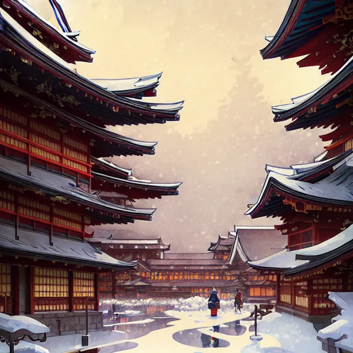 Image similar to japanese city, winter, in the style of studio ghibli, j. c. leyendecker, greg rutkowski, artem