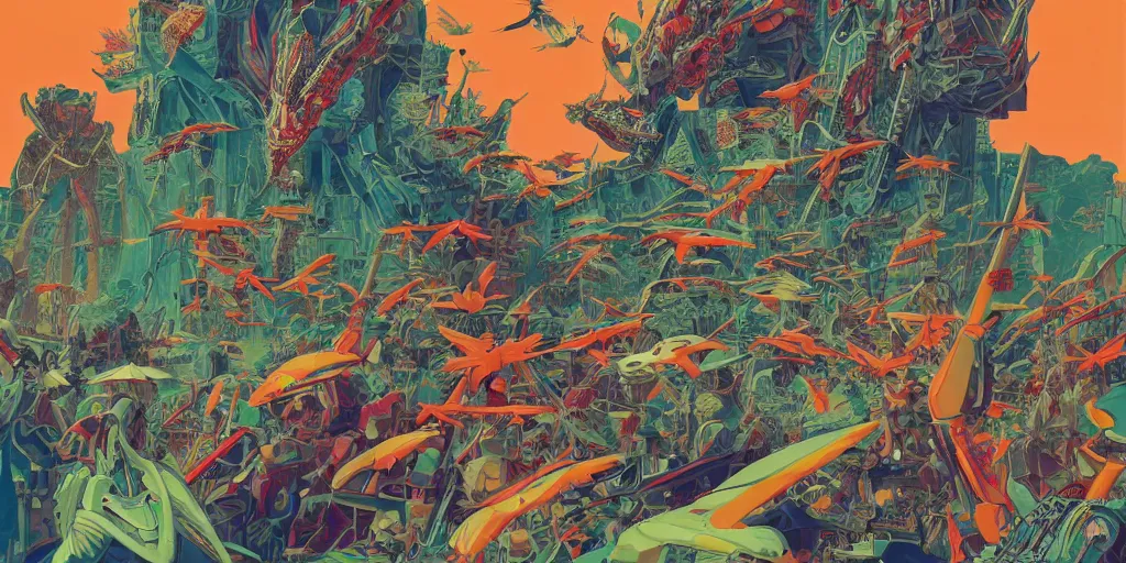 Image similar to risograph, gigantic mecha arzach birds with dragonflies, tiny rats, a lot of exotic animals around, big human faces everywhere, helicopters and tremendous birds, by satoshi kon and moebius, matte colors, surreal psychedelic design, crispy, super - detailed, a lot of tiny details, 4 k, fullshot