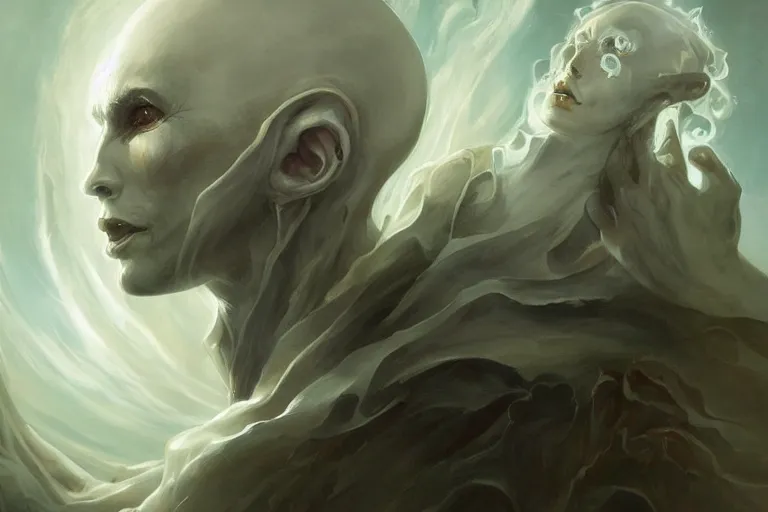 Image similar to a humanoid creature with pale white skin and a gaunt face. the creature is bald. the god of imagination. it is wearing a black flowing cloak that looks like mist. it is crafting an imaginary world. cosmic horror. art by peter mohrbacher.