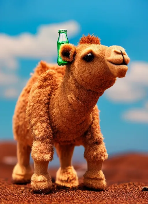 Image similar to 80mm resin detailed miniature of fluffy camel in desert, coca cola in camel head, Product Introduction Photos, 4K, Full body, simple background