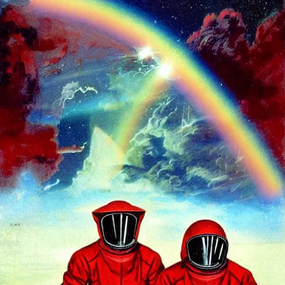 Prompt: two scientists wearing red hazmat suits staring into a giant rainbow polyhedron hovering above a nebula sky by frank frazetta