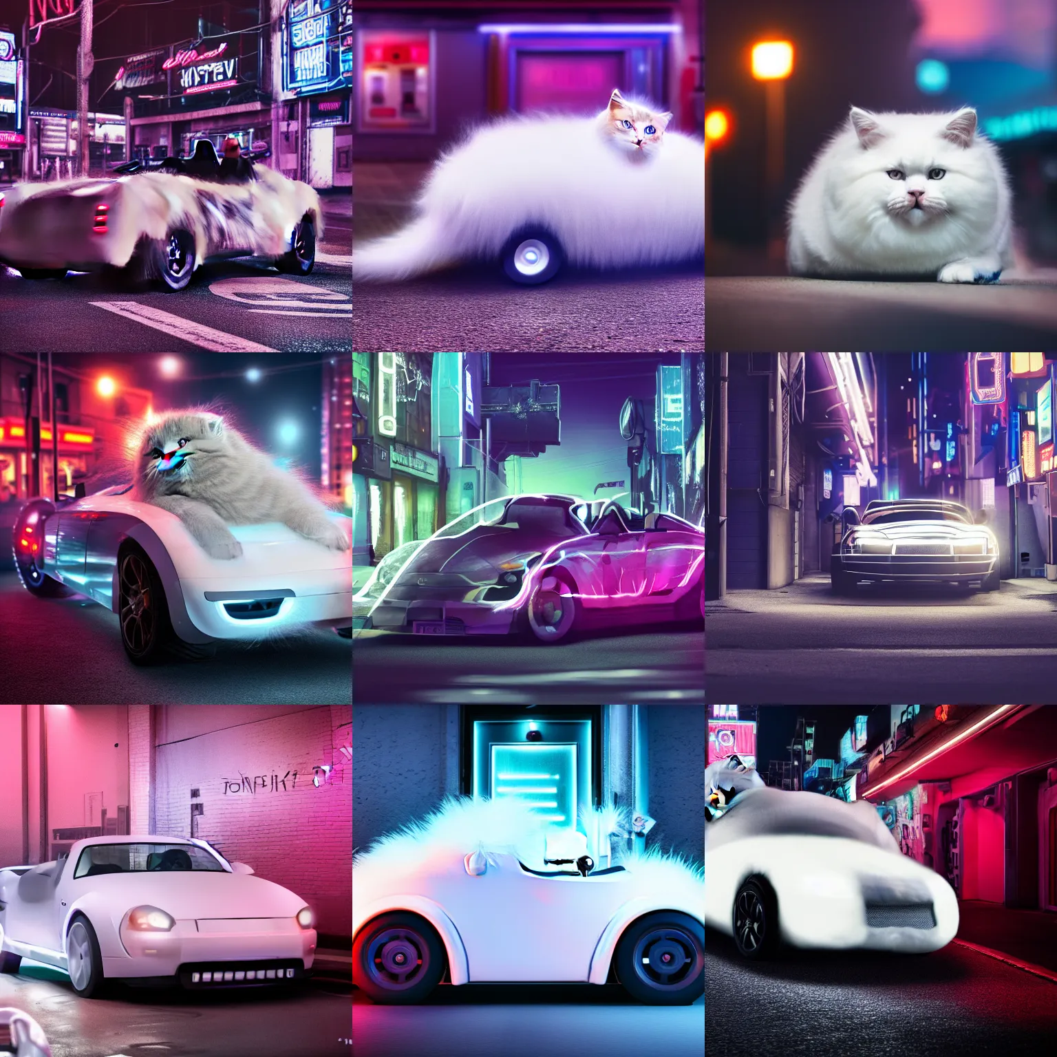 Prompt: a fluffy roadster covered with white fur and looked like a British Shorthair cat, parking in the street, Cyberpunk, neon light, front view, 4k, hd, highly detailed