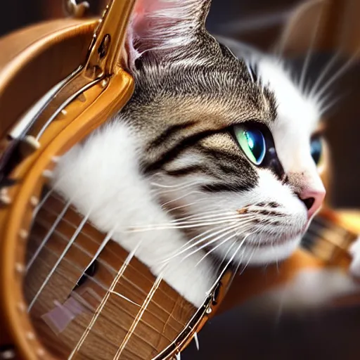 Image similar to 4 5 mm photorealistic image of a cat playing a banjo 8 k