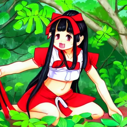 Prompt: an illustration of reimu in the jungle wearing bonnet