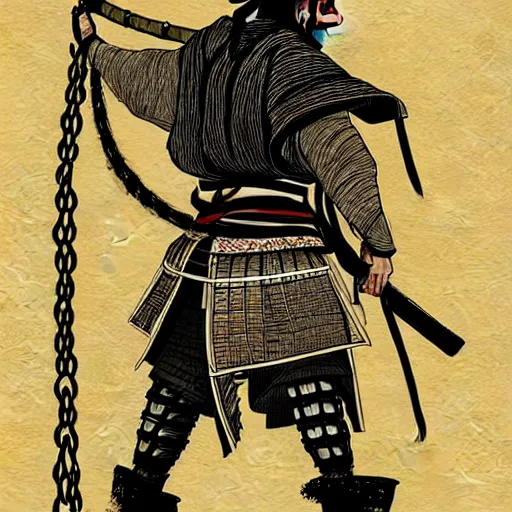 Image similar to A PORTRAIT FROM BEHIND OF A SAMURAI MAN VAGABOND WITH A MOON BEHIND HIM ,THE SAMURAI IS WRAPPED IN CHAINS ,detailed, concept art, ink style , sketch