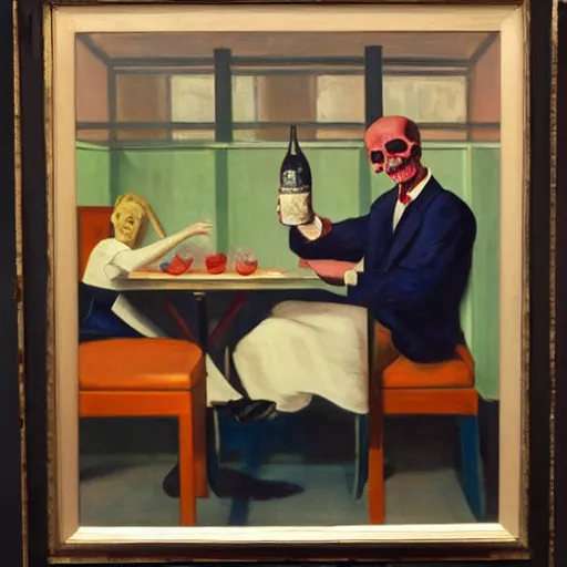 Prompt: a 1 9 5 0 ad for a diner with a portrait painting of a man with a skull as his head is sitting alone on a table, in the style of edward hopper, 4 k,