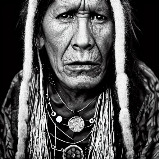 Prompt: portrait of hopi shaman, 6 0 yo, angry look, dark background, studio light, hdr, nikon 2 4 mm f / 1. 8 g, by mary ellen mark