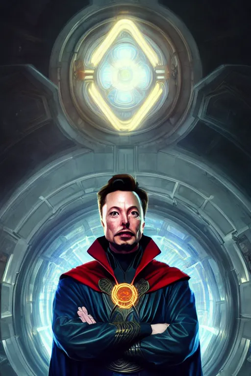 Image similar to elon musk as dr strange, realistic portrait, symmetrical, highly detailed, digital painting, artstation, concept art, smooth, sharp focus, illustration, cinematic lighting, art by artgerm and greg rutkowski and alphonse mucha