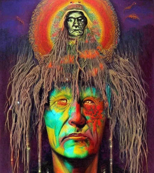 Image similar to Portrait painting in a style of Beksinski mixed with Alex Grey of an old shaman dressed in a colorful traditional clothes.