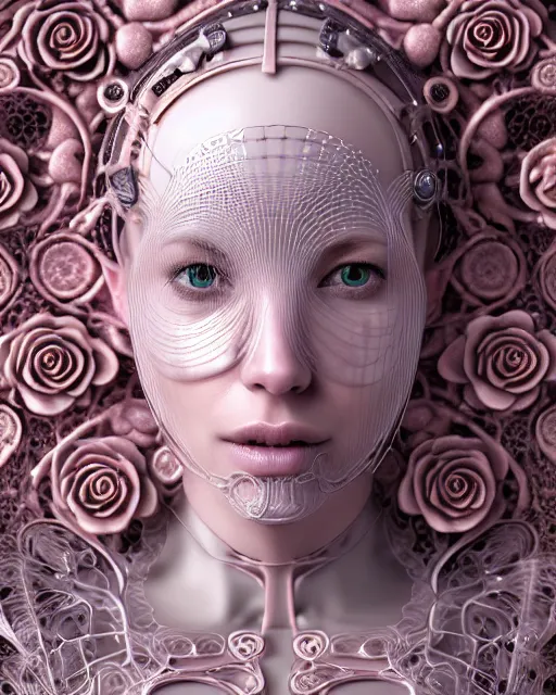 Prompt: mythical dreamy organic bio - mechanical spinal ribbed profile face portrait detail of translucent steampunk beautiful intricated monochrome angelic - human - queen - vegetal - cyborg, highly detailed, intricate translucent pale pink ivy jelly ornate, poetic, translucent roses ornate, 3 d render, digital art, octane render, 8 k artistic lithography