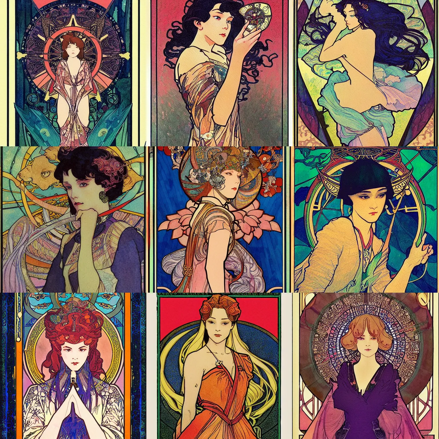 Prompt: tarot cards. beautiful, realistic painting by mucha and kuvshinov and bilibin and malevich. synthwave watercolor, thick lining, manga, soviet realism