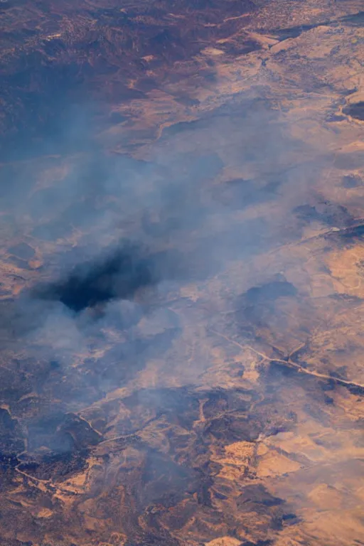 Prompt: airplane window view, flying above a drying landscape and huge fire