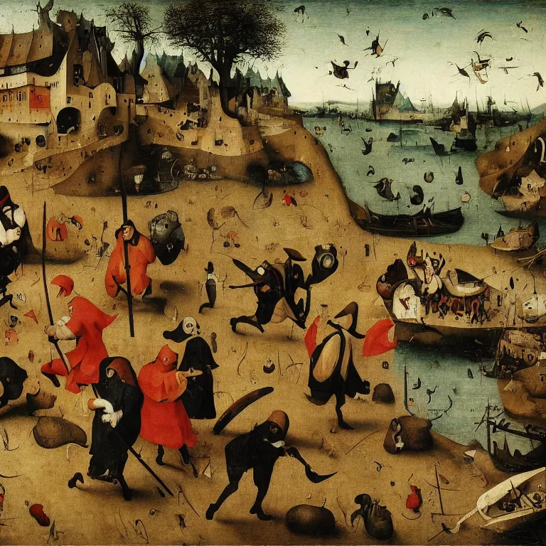Image similar to The medium shot of three sarcastic mans with a lot of fish running away with a small profit of money, Grim Reaper laughs and follow them, by Hieronymus Bosch and Pieter Bruegel inspired by Terry Pratchett, super detailed oil painting, hyper realistic, 4k, masterpiece