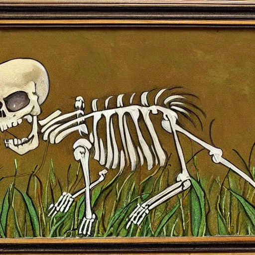 Image similar to a painting of a cat's skeleton walking around a field, in the style of bubonic plague paintings.