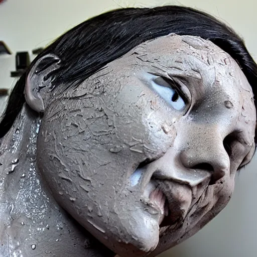 Prompt: sculpting a human face from extremely wet soft and dripping clay