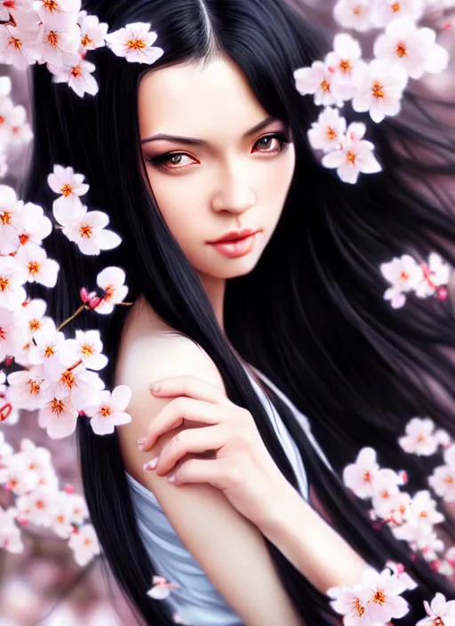 Prompt: photo of a gorgeous female with long black hair in the style of stefan kostic, realistic, half body shot, sharp focus, 8 k high definition, insanely detailed, intricate, elegant, art by stanley lau and artgerm, cherry blossoms