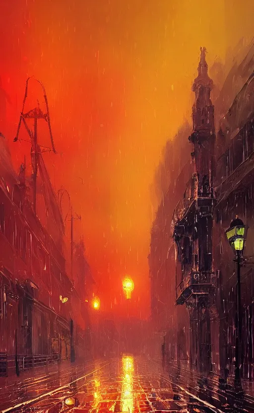 Image similar to a beautiful illustration of rainy victorian london at sunset, art of alena aenami, featured on artstation, vertical orientation, paint brush strokes, expressionism, brushstroke - laden, breathtaking clouds, traffic lights, wet concrete, beauttiful stars, cables, long exposure, gigantic sun, airy theme, red purple gradient, lens flare
