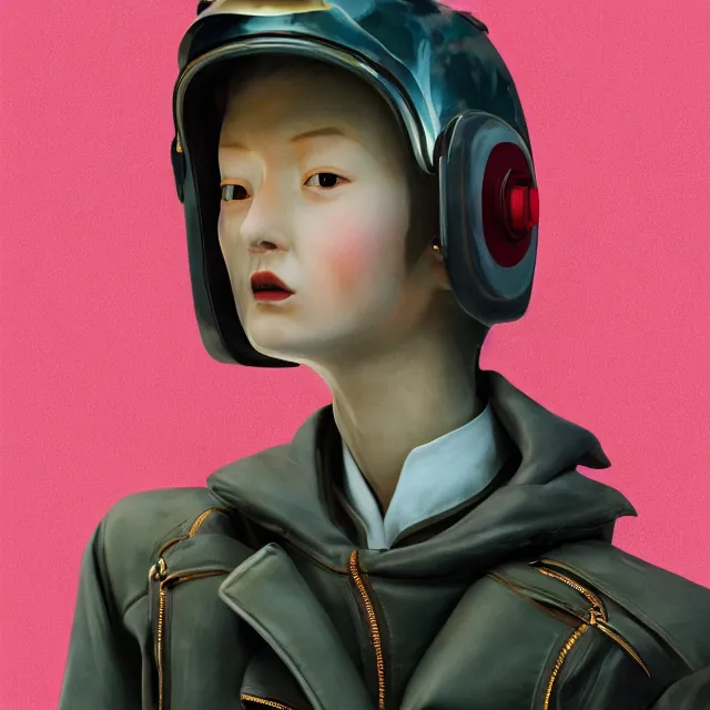 Prompt: highly detailed close portrait of androgynous girl wearing bakelite leather jacket, bakelite rocky mountains, japanese haunted forest, by hsiao - ron cheng and artgerm, modular synthesizer helmet backpack, the grand budapest hotel, glow, no crop, digital art, artstation, pop art, 1 0 5 mm canon, f 2. 8, kodak