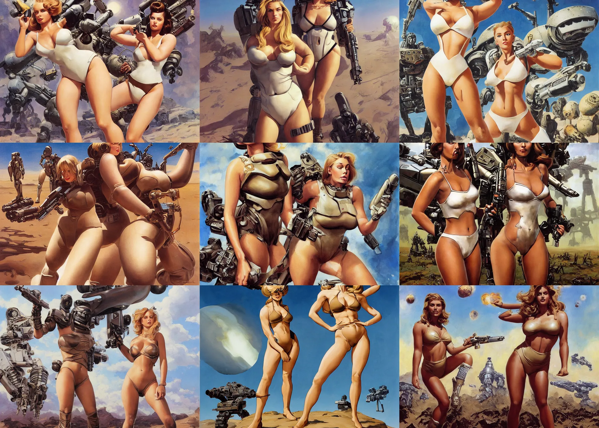 Prompt: A mixed media portrait painting of a very beautiful light-brown-haired woman on an alien planet, very curvy, aesthetic! high-waisted white-bikini-armor and boots, starship-troopers-rifle, bombshell, aesthetic symmetrical face and eyes, model, wet, pacific-rim-mech in background, by Frank Frazetta, Boris Vallejo, Beeple, Greg Rutkowski, Christian MacNevin, eighties pinup style, goddess, epic fantasy character art, high fantasy, CGsociety, exquisite detail, post-processing, masterpiece, cinematic